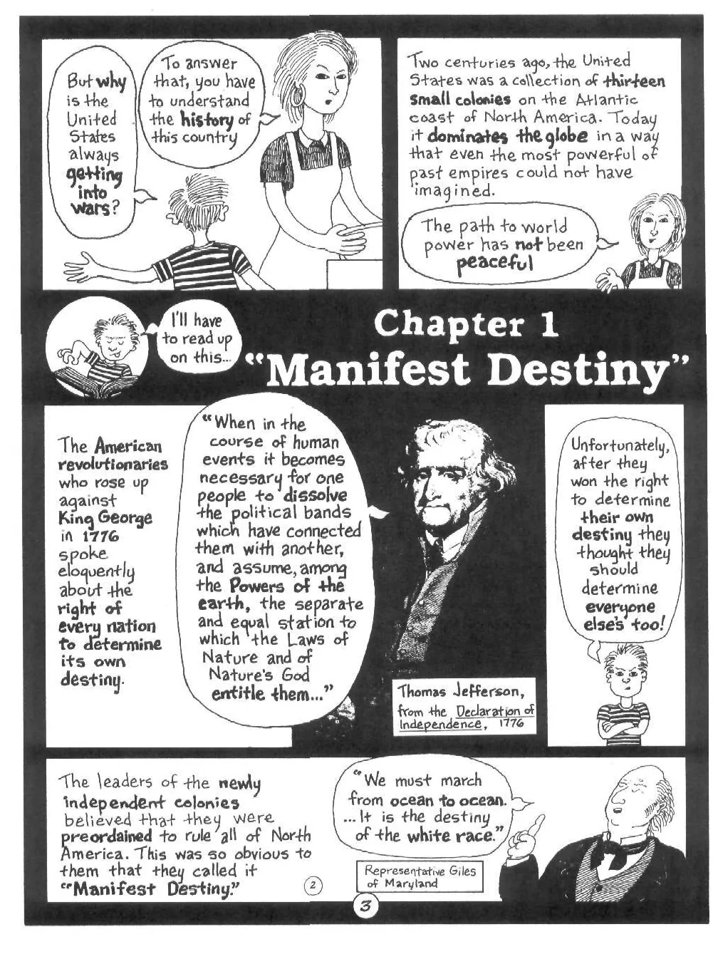 连环画第三页,标题“Chapter 1 Manifest Destiny”:孩子问母亲为何美国总卷入战争,引出从十三州殖民地扩张为全球霸权的历史,配托马斯·杰斐逊肖像及《独立宣言》语录,末格引马里兰州众议员称扩张是“白人种族的天命”。