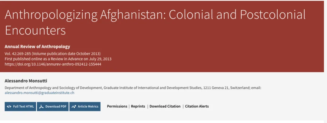 期刊网页截图,标题为《Anthropologizing Afghanistan: Colonial and Postcolonial Encounters》,作者Alessandro Monsutti,刊于《人类学年鉴》2013年10月第42卷,269-285页。