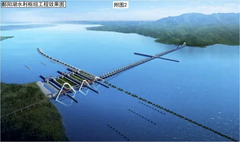 鄱阳湖水利枢纽工程效果图：一座横跨湖面的水闸与桥梁建筑效果图，闸门整齐排列于水中，两岸青山环绕。