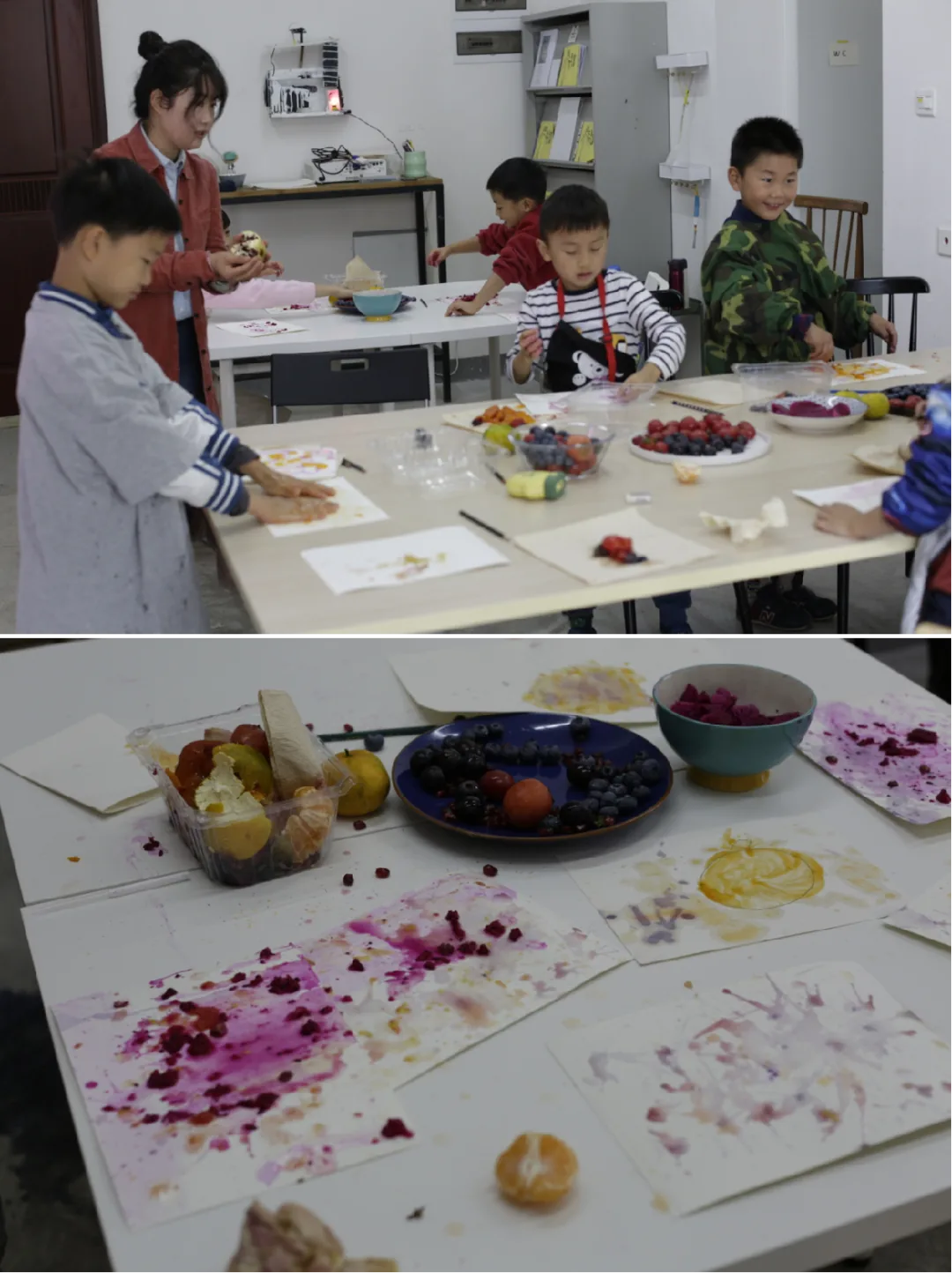 上方孩子们围站桌前用浆果和水果在纸上作画；下方特写展示用莓果汁液画出的紫红色斑驳画作，桌上散落着蓝莓、草莓等水果。