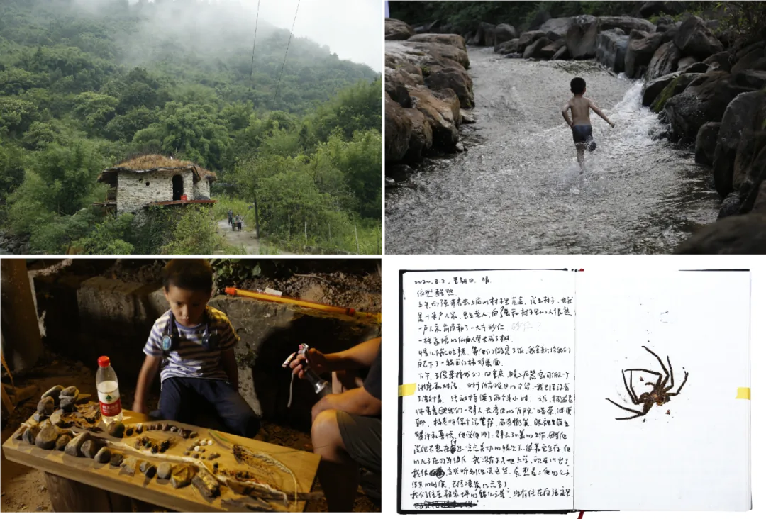 四宫格照片：云雾缭绕山间的石头房子；一个男孩在山涧溪流中奔跑；男孩蹲在木板前摆放捡拾的石头等物件；手写日记页旁配一只蜘蛛的图片。