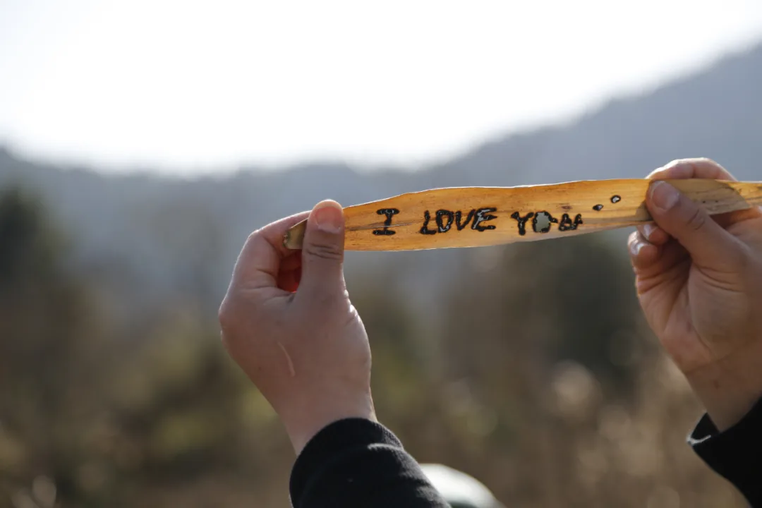 两只手举着一根用放大镜聚焦阳光灼烧出'I LOVE YOU'字样的芦苇秆，背景是模糊的山野。