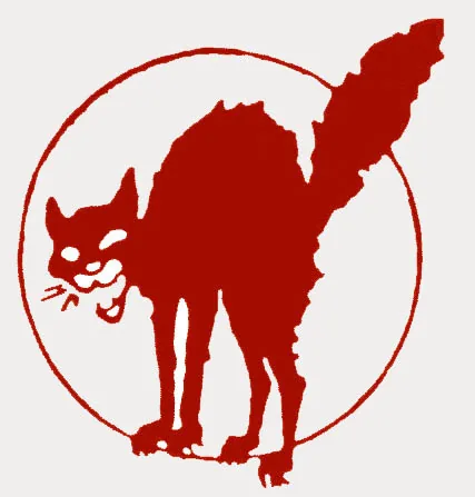 圆圈中一只弓背炸毛、龇牙的红色剪影猫,是劳工运动中象征怠工破坏(sabotage)的经典“破坏猫”标志。