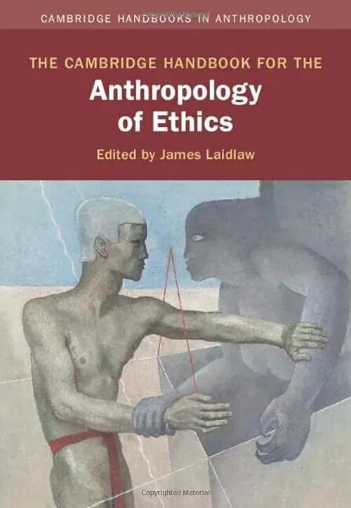 《剑桥伦理人类学手册》（The Cambridge Handbook for the Anthropology of Ethics）封面，绘画作品：两个银灰色人形侧身相对，以一条红线相连，背景为几何色块。编者雷天助。