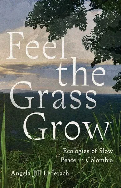 《感受小草在生长》（Feel the Grass Grow）封面，暮色山谷风光，近景是茂密高草，画面上方垂下树枝剪影。作者安吉拉·吉尔·莱德拉赫。
