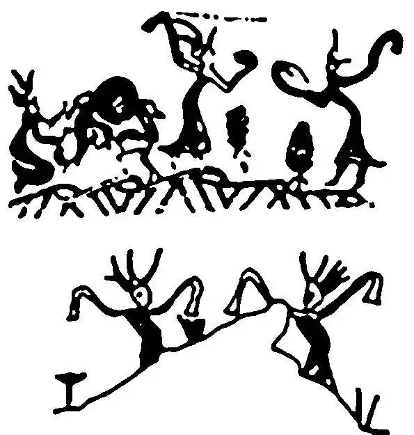 线描拓片图分两组：上图为一排人形图案立于纹饰带上，下图为两人头戴羽状饰物、张开双臂立于山形纹饰两侧。