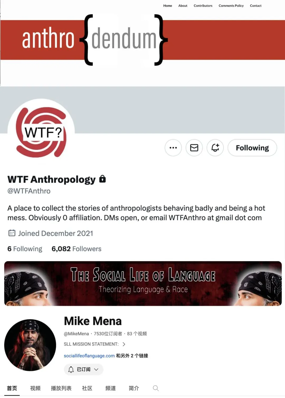 三张网站截图纵向拼接：anthro{dendum}博客首页横幅；WTF Anthropology推特主页，简介为收集人类学家行为不端的趣闻，头像为黑白漩涡状问号图案；Mike Mena的油管频道页，头图为《The Social Life of Language》，显示7530位订阅者。