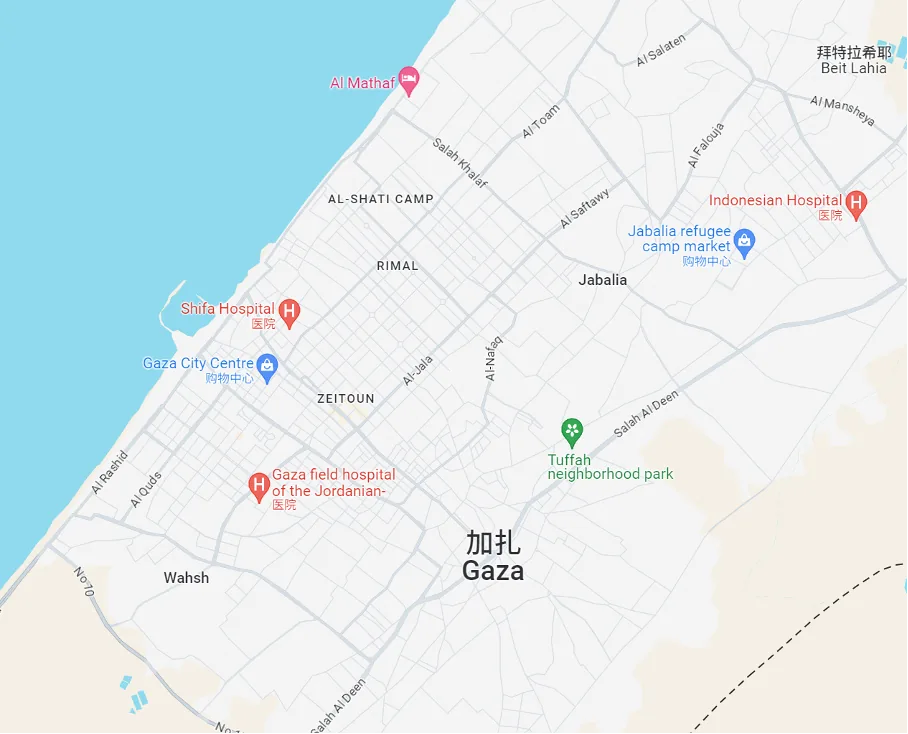 谷歌地图截图，标注加沙城沿海区域多个地名，包括希法医院、印度尼西亚医院、沙提难民营、贾巴利亚、里马尔、宰通、塔法社区公园等。