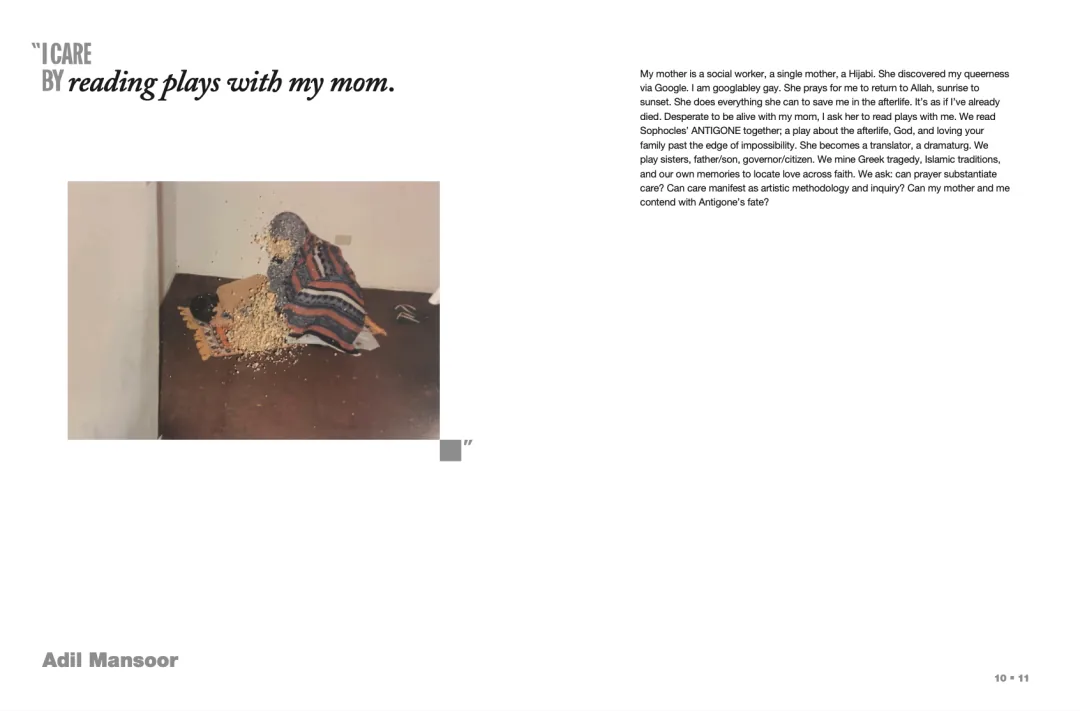 出版物内页，左侧印着标题“I CARE BY reading plays with my mom.”，其下是一张地面上裹着毯子的静物照片；右侧是英文正文，末尾署名 Adil Mansoor，页码标注“10 11”。