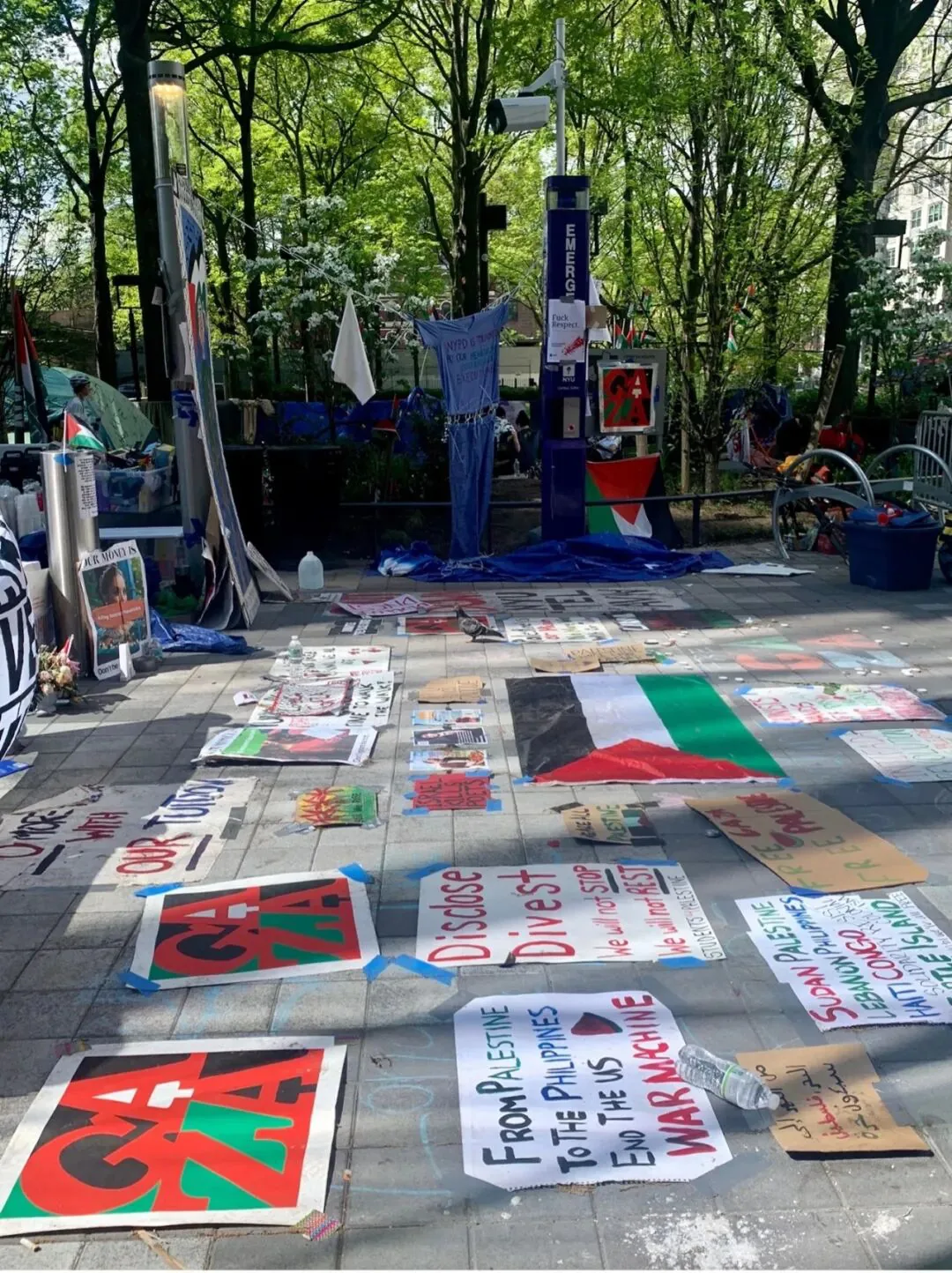 白天户外照片：广场地面上摆放着多张手绘标语牌，写着「GAZA」「Disclose Divest」「From Palestine to the Philippines, End the US War Machine」等，旁边有一面绘制的巴勒斯坦旗帜，周围是树木和帐篷区。
