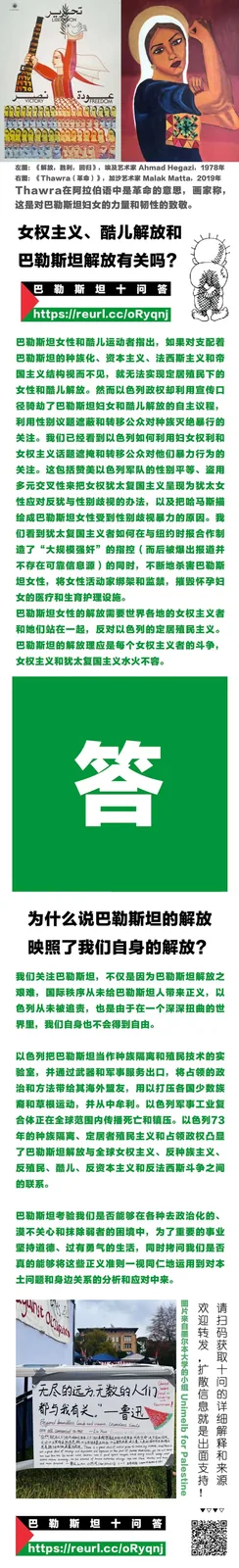 长图信息卡,顶部为几张人物肖像与乐器图标,标题为'女权主义、酷儿解放和巴勒斯坦解放有关吗?';下方另一标题为'为什么说巴勒斯坦的解放映照了我们自身的解放?',配有一张写有中文声援标语的抗议横幅照片。