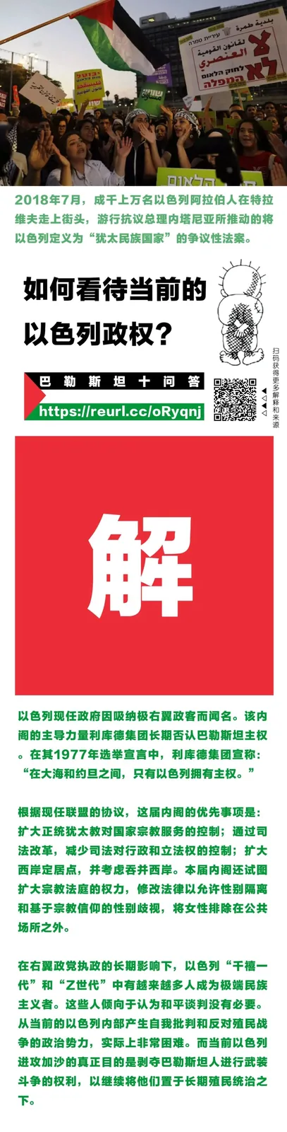 长图信息卡,顶部为2018年特拉维夫反对'犹太民族国家法'的示威照片,标题为'如何看待当前的以色列政权?',正文分析内塔尼亚胡政府中极右翼势力主张的定居点扩张与排他性建国立场。