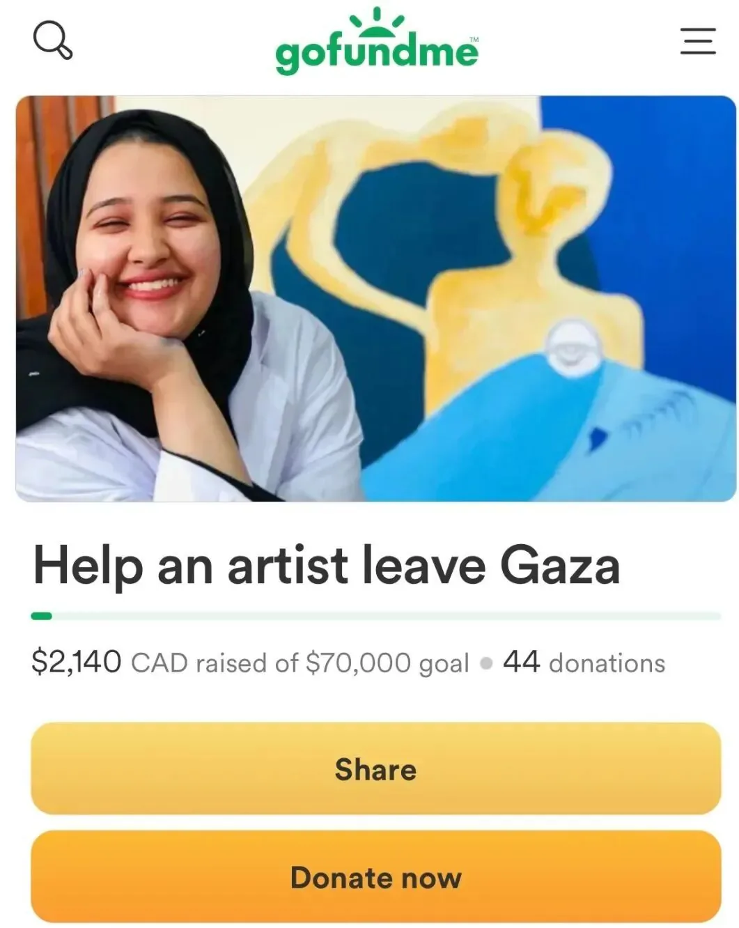 GoFundMe筹款页面截图，标题“Help an artist leave Gaza”，配图为Jehad托腮微笑照，已筹得2140加元，目标70000加元，44次捐款，下方是分享和捐款按钮。