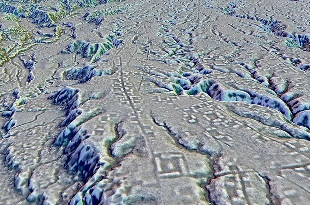 灰白色地形起伏的三维渲染图,多条笔直街道呈网格状分布,两侧排列着方形和长方形的房屋轮廓,周围点缀蓝绿色植被色调,地势间有多条沟壑纵横。