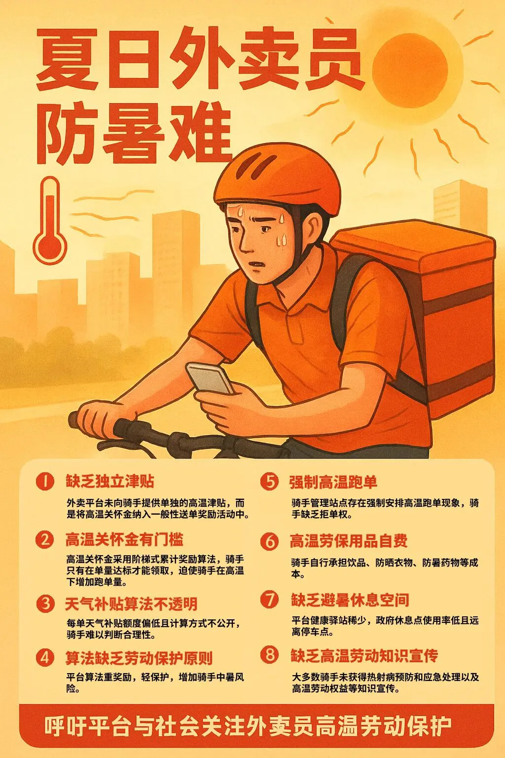 信息图海报,标题「夏日外卖员防暑难」,配一位汗流浃背骑车送餐的外卖员插画,列出调研发现的八项问题:缺乏独立津贴、高温关怀金设单量门槛、天气补贴算法不透明、算法缺劳动保护原则、强制高温跑单、防暑用品自费、缺避暑休息空间、高温劳动知识宣传不足,底部呼吁关注外卖员高温劳动保护。