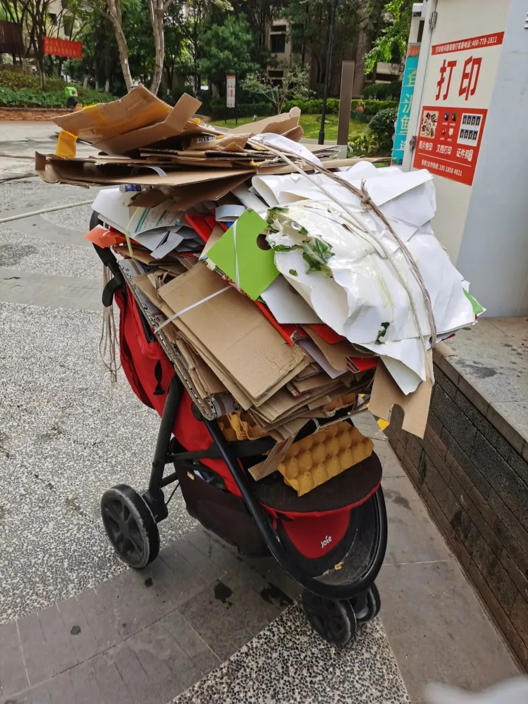 一辆红色婴儿车上高高堆满压扁的纸箱和废纸,用绳子捆扎固定,停在小区人行道边。