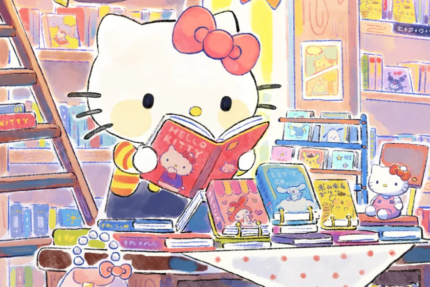 插画中凯蒂猫坐在书店柜台前翻看一本印有自己形象的图画书，周围摆满库洛米、美乐蒂等三丽鸥角色的周边商品和绘本