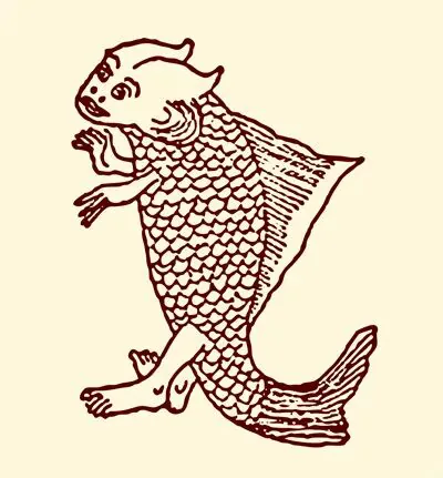线描插画，画中生物长着鱼头、鱼鳞躯干和鱼尾，却有人的手臂和一只脚，做行走状