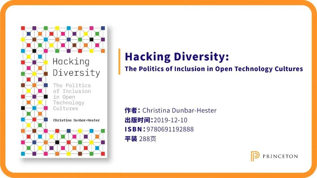 彩色几何网格图案的《Hacking Diversity》书封,配文标明作者 Christina Dunbar-Hester,2019年12月出版,平装288页。