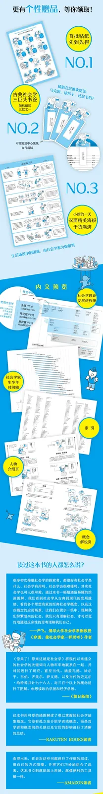 竖版推广长图续页:上部展示购书赠品“NO.1/NO.2/NO.3”实物图,中段“内文预览”展示目录与漫画内页缩略图,下部“读过这本书的人都怎么说?”列出多条读者评价,并附购书平台标识。
