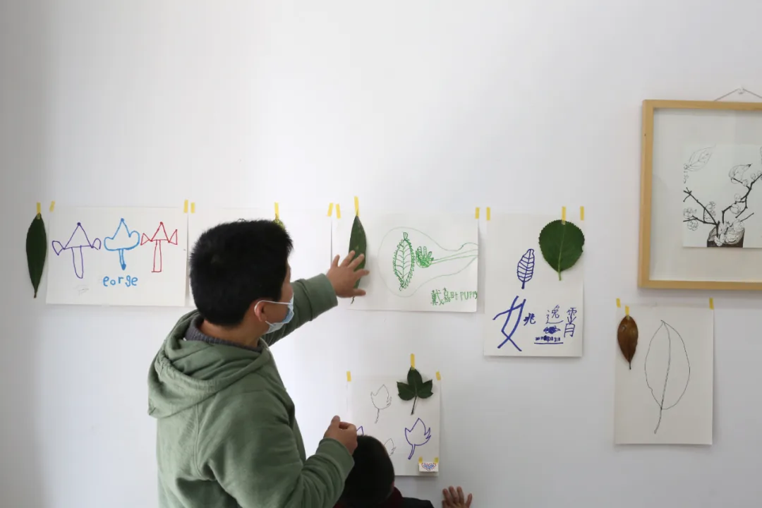 一位戴口罩的男性正把孩子们画的树叶速写贴在墙上展示，旁边夹着真实树叶标本作对照，墙上还挂着一幅带框的植物素描。