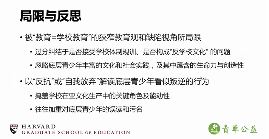 幻灯片标题为“局限与反思”,指出以往研究局限于“教育=学校教育”的狭窄视角,过度关注学生是否反学校,忽略了青少年文化实践中的生命力与创造力,也掩盖了学校在亚文化生产中的角色、加重了对底层青少年的污名。
