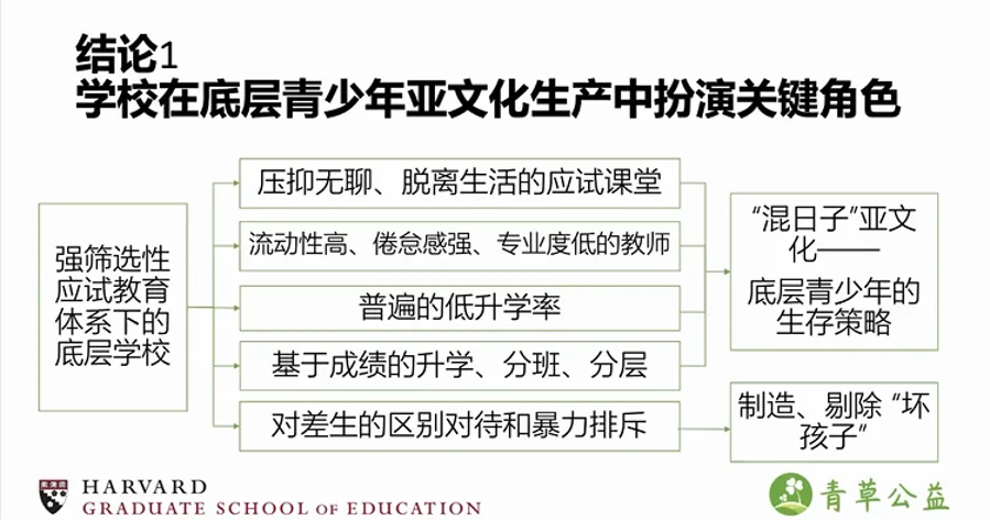 流程图,标题“结论1:学校在底层青少年亚文化生产中扮演关键角色”,展示强筛选性应试教育体制下,压抑的课堂、流动性高的教师、低升学率与分层管理、对差生的区别对待,如何共同导致“混日子”亚文化及“坏孩子”标签的产生。