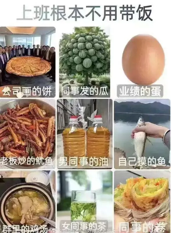 九宫格表情包,标题“上班根本不用带饭”,九张配图分别标注“公司画的饼”“同事发的瓜”“业绩的蛋”“老板炒的鱿鱼”“男同事的油”“自己摸的鱼”“群里的鸡汤”“女同事的茶”“同事的卷”,以食物谐音调侃职场用语。