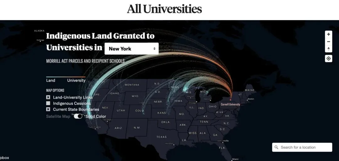 《抢地大学》报道的网页截图:一张美国地图,标题写着“Indigenous Land Granted to Universities in New York”,多条彩色弧线从西部各州连向康奈尔大学等受赠学校