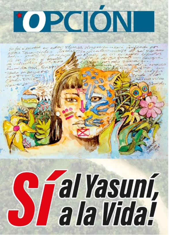 新闻网站Opción封面画，插画中一半是女孩面孔、一半绘成美洲豹图腾，周围环绕热带植物、老鹰与蝴蝶，旁有西班牙语手写诗句。