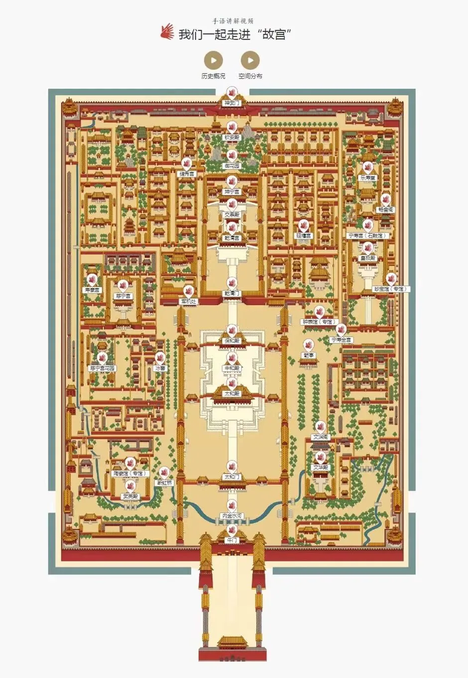 故宫平面示意图,各建筑标注名称,部分地点旁有红色手势图标,代表提供手语讲解视频;顶部文字“我们一起走进故宫”。