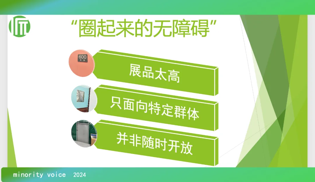 PPT幻灯片列出三点:展品太高、只面向特定群体、并非随时开放,各配一张小图标照片,页脚标注“minority voice 2024”。