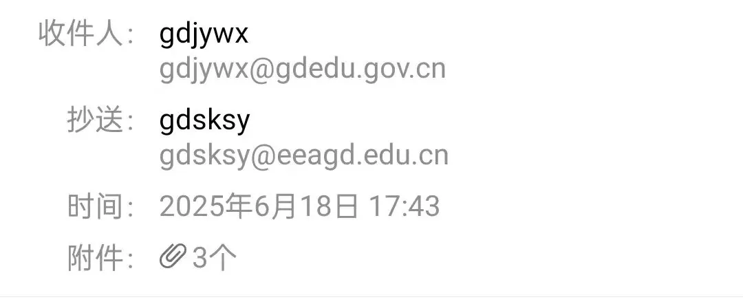 一封电子邮件的截图，收件人为gdjywx@gdedu.gov.cn，抄送gdsksy@eeagd.edu.cn，发送时间为2025年6月18日17:43，附带3个附件。