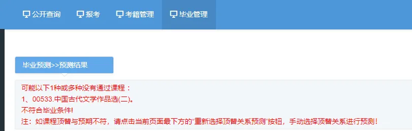 自考毕业管理系统“毕业预测”页面截图，显示预测结果为未通过《中国古代文学作品选（二）》，判定“不符合毕业条件”。