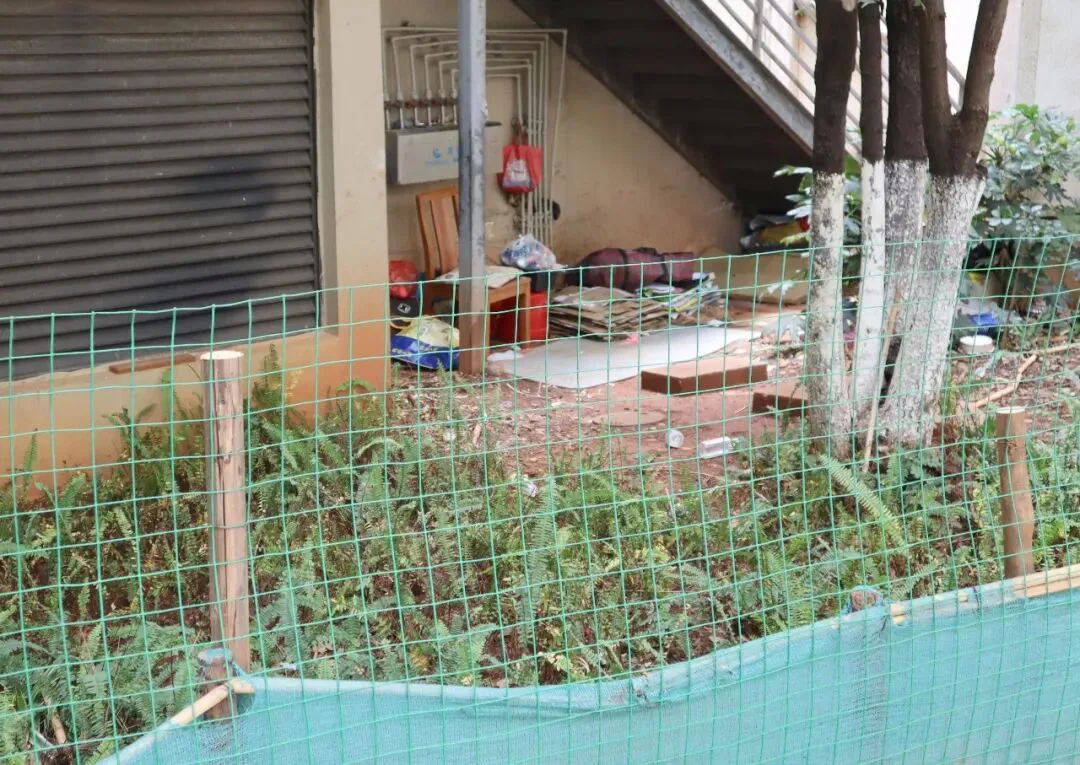 绿色铁丝栅栏围住楼梯间下方一处角落,里面散落着晾衣架、红色布袋、纸板等杂物,栅栏外是杂草地。