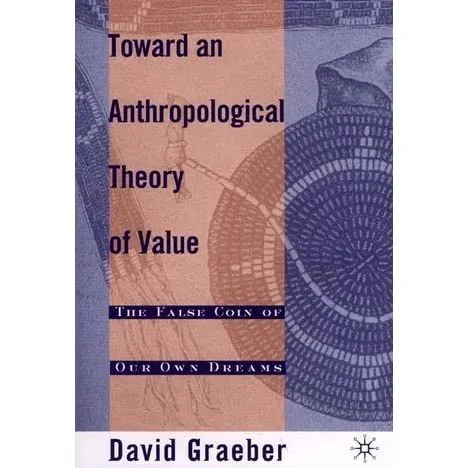 英文书封,米色与蓝紫色几何色块背景,书名《Toward an Anthropological Theory of Value: The False Coin of Our Own Dreams》,作者David Graeber