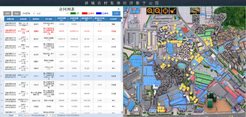 系统截图,标题“禅城农村集体经济数字云图”:左侧为合同列表数据表格,右侧是卫星地图,图上密布黄色、绿色、蓝色圆点标注不同类型的地块或建筑。