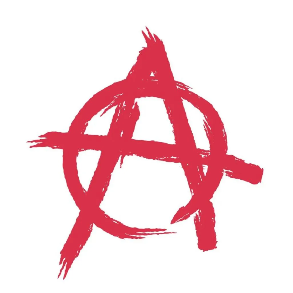 红色手绘笔触风格的无政府主义圈A符号,绘制在白色背景上。