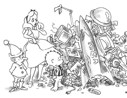 黑白卡通插画:一位类似爱丽丝的女孩和两个孩童站在一堆废弃的未来主义玩具与机械残骸旁,其中可见标有NASA字样的破损火箭模型和机器人头部。