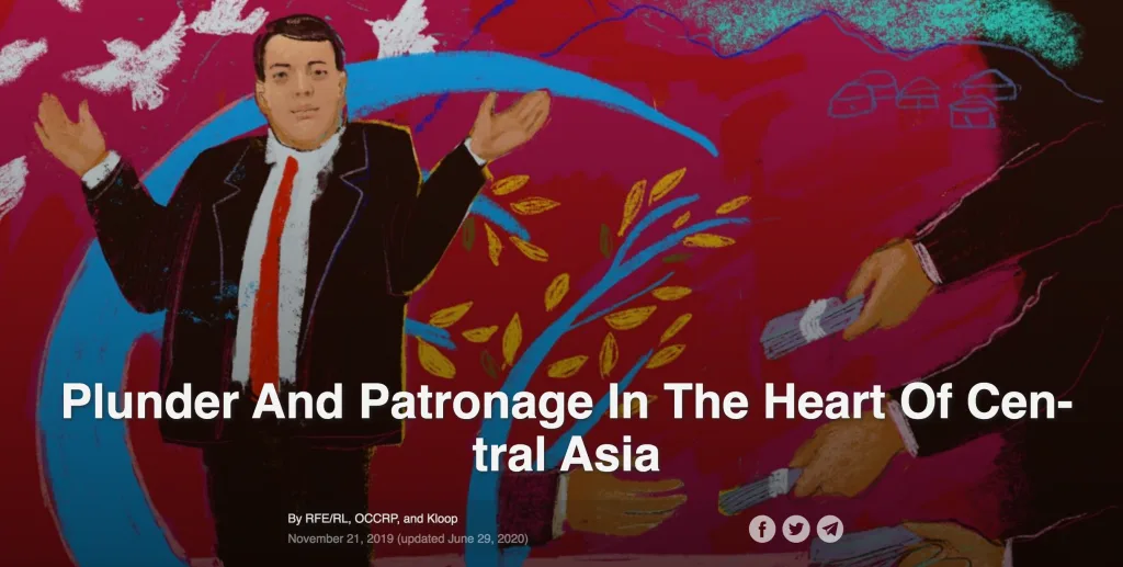 网页截图，插画中一名西装男子摊手站立，身后是递钱的手，标题为《Plunder And Patronage In The Heart Of Central Asia》，作者RFE/RL、OCCRP和Kloop，发布于2019年11月21日。
