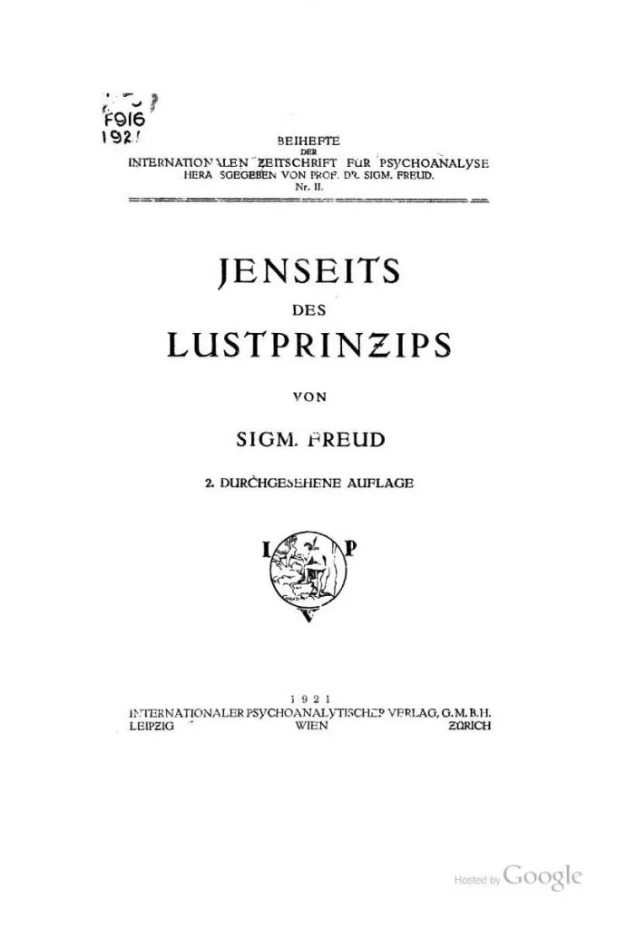 书籍扉页，德文书名《Jenseits des Lustprinzips》，作者 Sigm. Freud，标注为第二次修订版，1921年由莱比锡、维也纳、苏黎世的国际精神分析出版社出版。