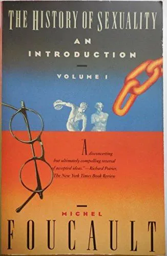 书封《The History of Sexuality: An Introduction, Volume I》,作者Michel Foucault,封面分蓝、橙两色色块,绘有一副眼镜、两尊古典雕像剪影和一条铁链。