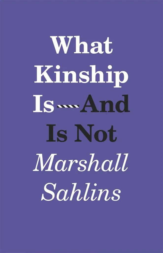 紫色书封,白色与黑色大写字体印着书名《What Kinship Is — And Is Not》与作者萨林斯(Marshall Sahlins)姓名,无其他图案。
