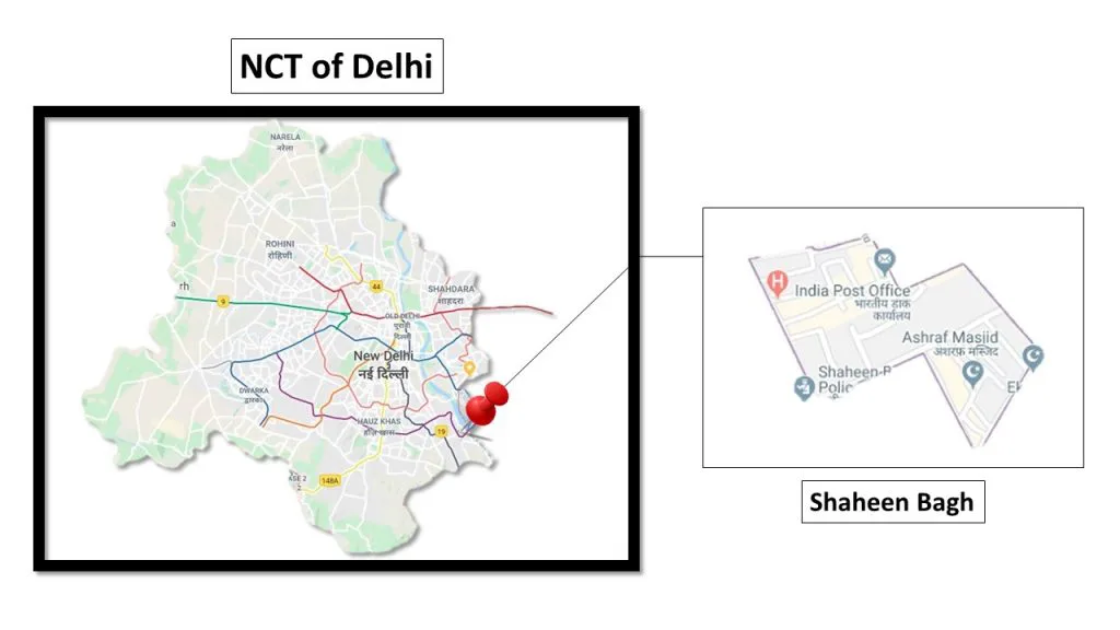 左图标注“NCT of Delhi”,用红色图钉在德里地图上标出位置;右侧放大图标注“Shaheen Bagh”,可见印度邮局、清真寺等街区地标。