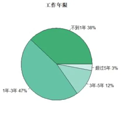 饼图显示外卖骑手工作年限分布,工作不到一年的占38%,1至3年占47%,两者合计超八成,仅3%从业超过五年。
