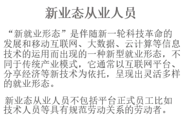 PPT文字页,标题“新业态从业人员”,定义新就业形态是伴随科技革命、依托互联网平台和分享经济产生的灵活就业形态,并说明这类从业人员不包括具有规范劳动关系的平台正式员工。