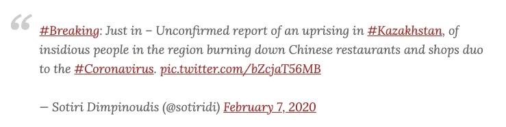 推特截图，@sotiridi账号发文称哈萨克斯坦发生不明来源起义，当地人因新冠疫情焚烧中国餐馆和商铺，发布于2020年2月7日