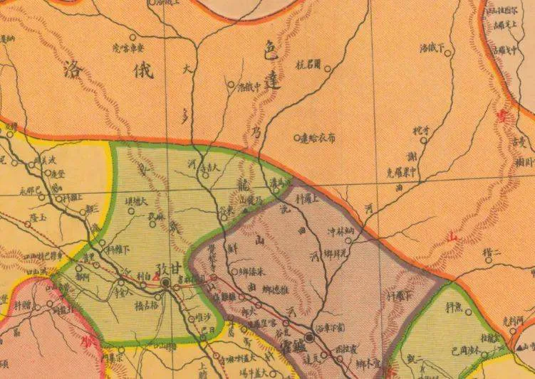 地图以黄、绿、紫等色块划分康区各地界线,图中标有色达等地名及河流山脉纹路,多处用红点标出城镇位置。