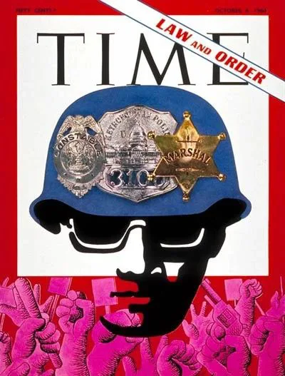 封面主标题为LAW AND ORDER，插画为戴蓝色头盔、佩戴警徽与治安官星形徽章的警察剪影头像，戴墨镜，下方是粉红色的抗议人群剪影，举着拳头与标语。