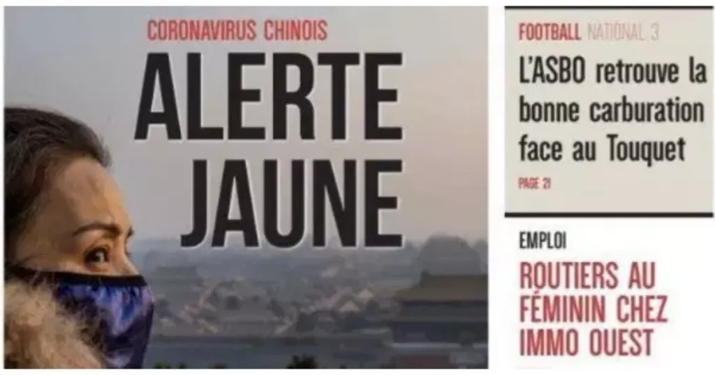报纸头版截图，大标题写著「CORONAVIRUS CHINOIS ALERTE JAUNE」（中国冠状病毒，黄色警报），配一位戴口罩女性的照片，背景为城市天际线